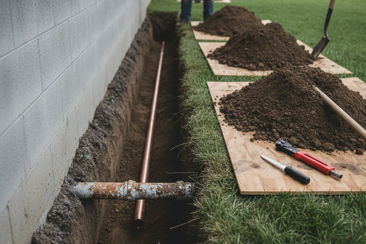 Excavated water line trench during Water Heater Repair in De Graff